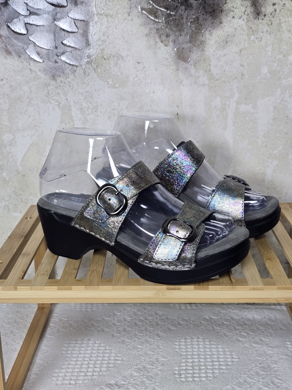 Dansko Sophie Iridescent Metallic Double Buckle Wedge Slide Sandals EU 37